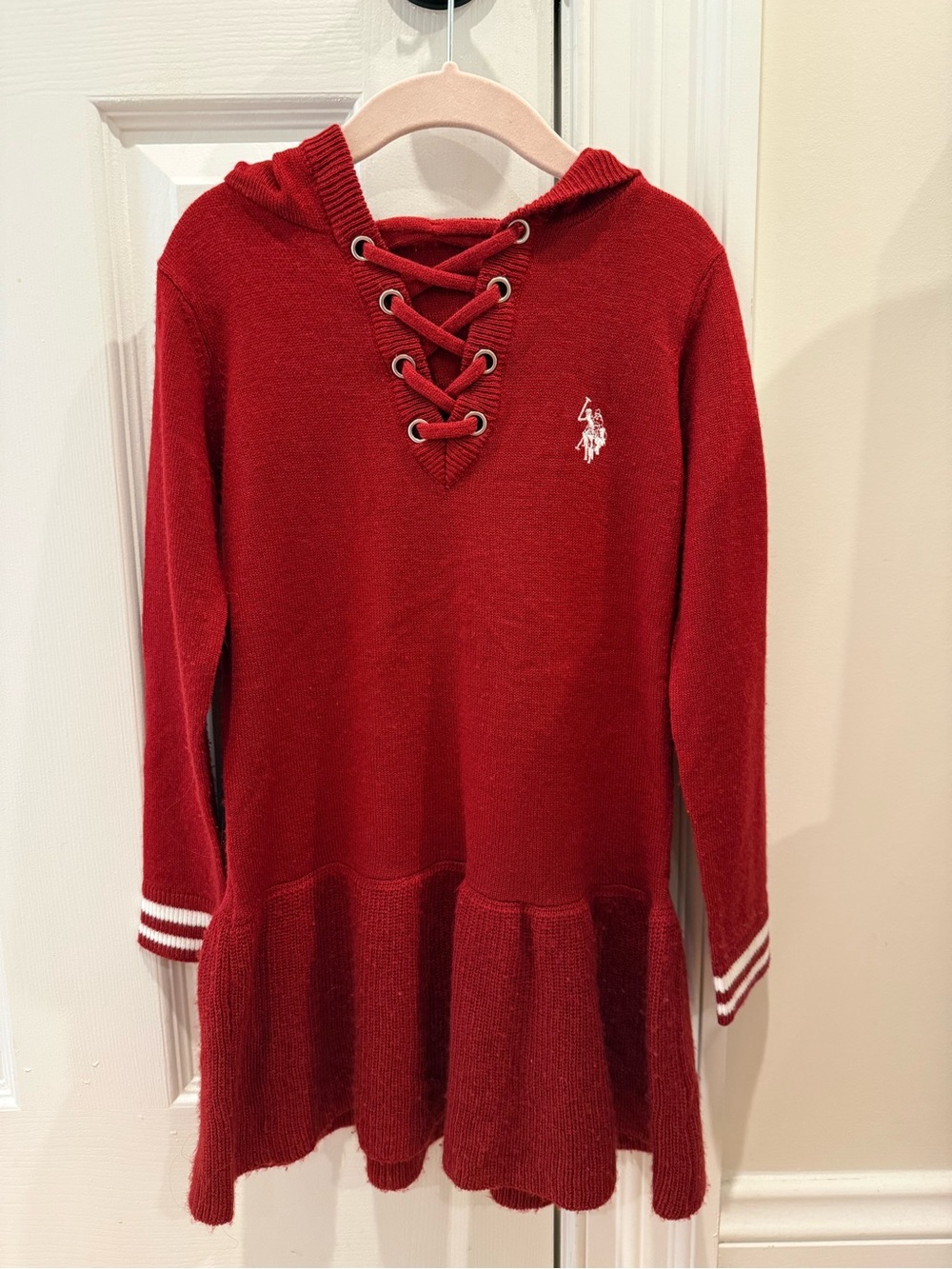 Ralph Lauren Deep Red Lace-Up Hooded Knit Dress